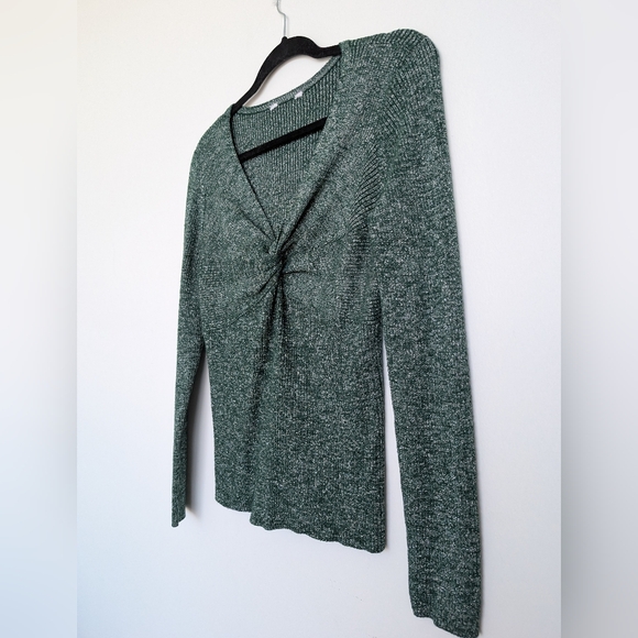 Metallic Green Silver Twist Front V Neck Rib Knit Long Sleeve Stretch Blouse - Picture 5 of 15